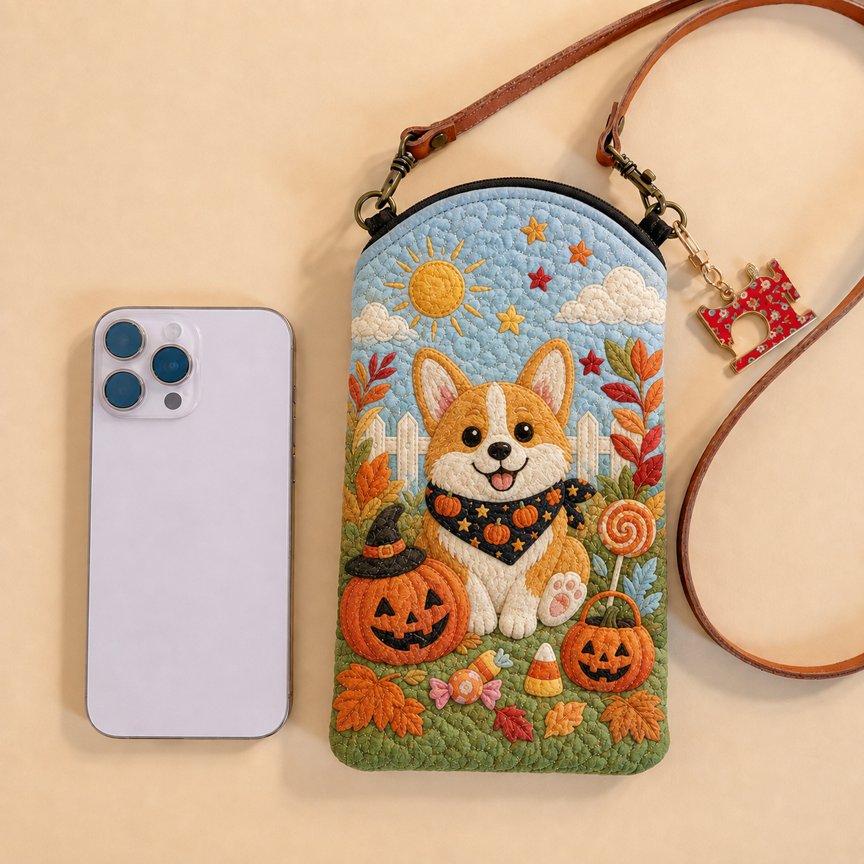 Halloween Corgi Candy Patch Quilted Slim Phone Crossbody Bag