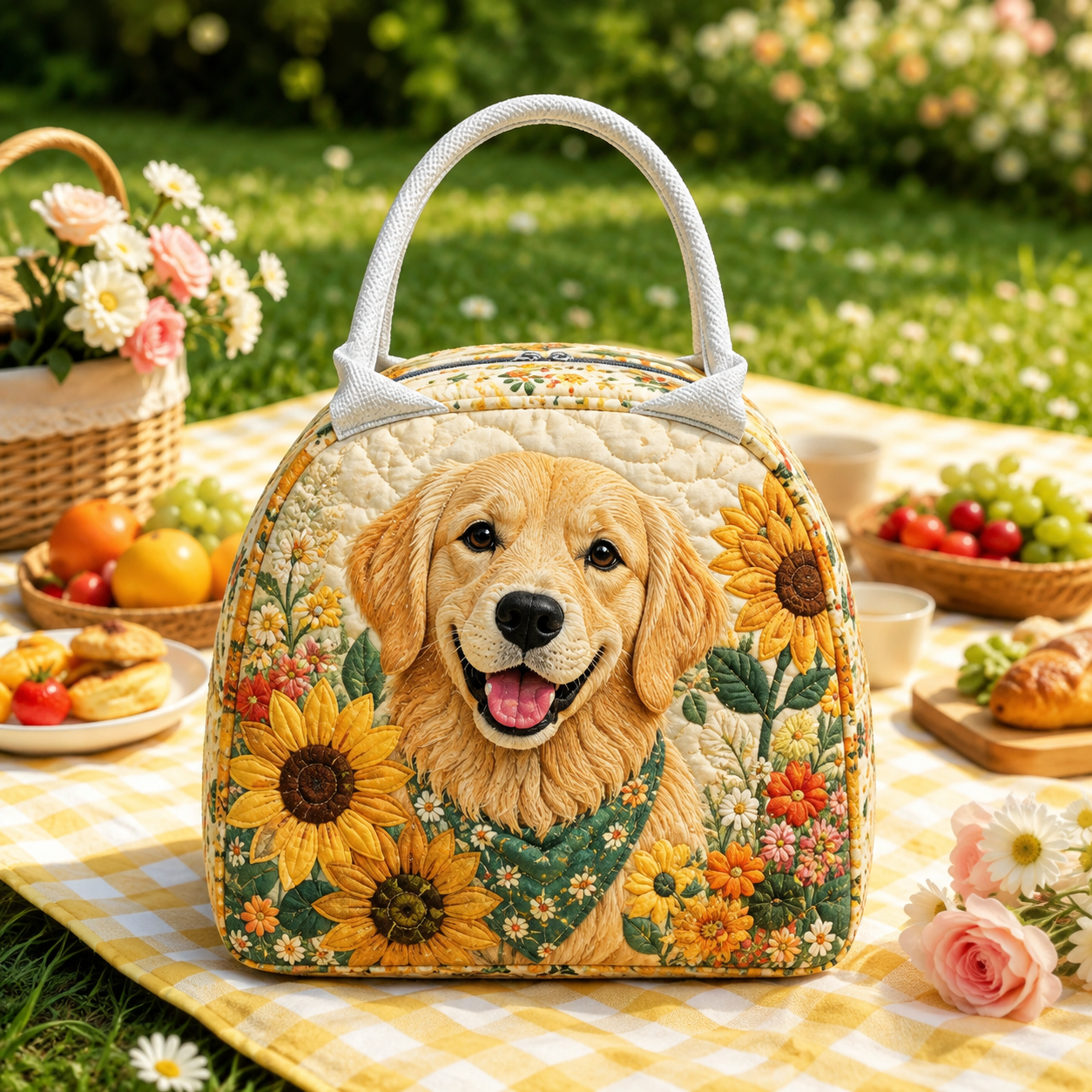Sunflower Golden Retriever Quilted Lunch Bag