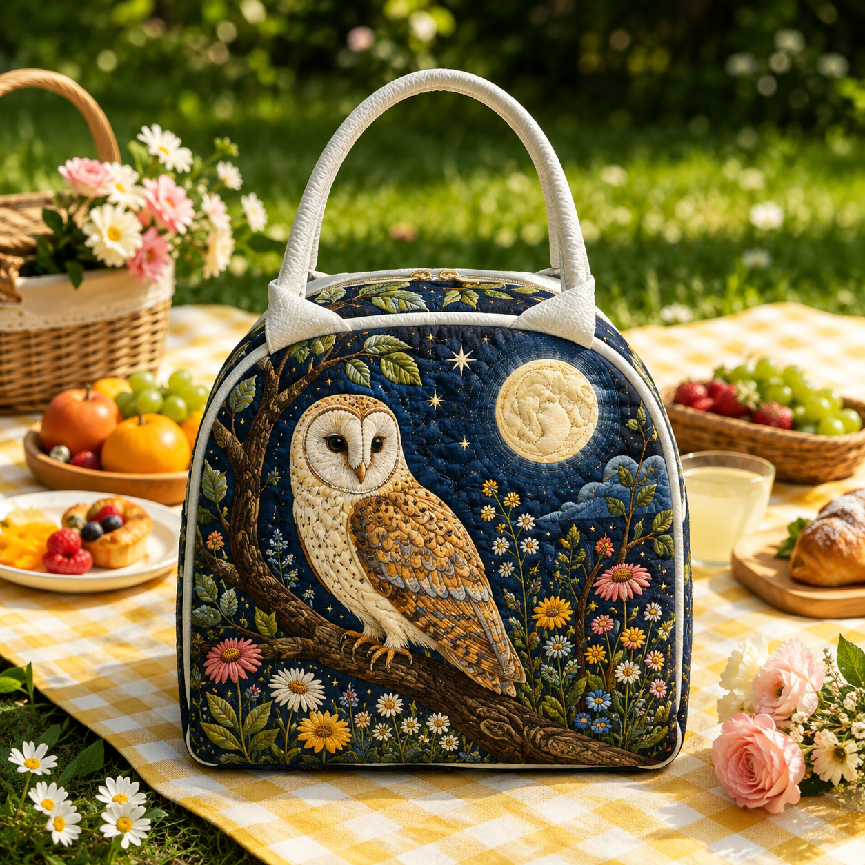 Moonlit Owl Wildflower Quilted Lunch Bag