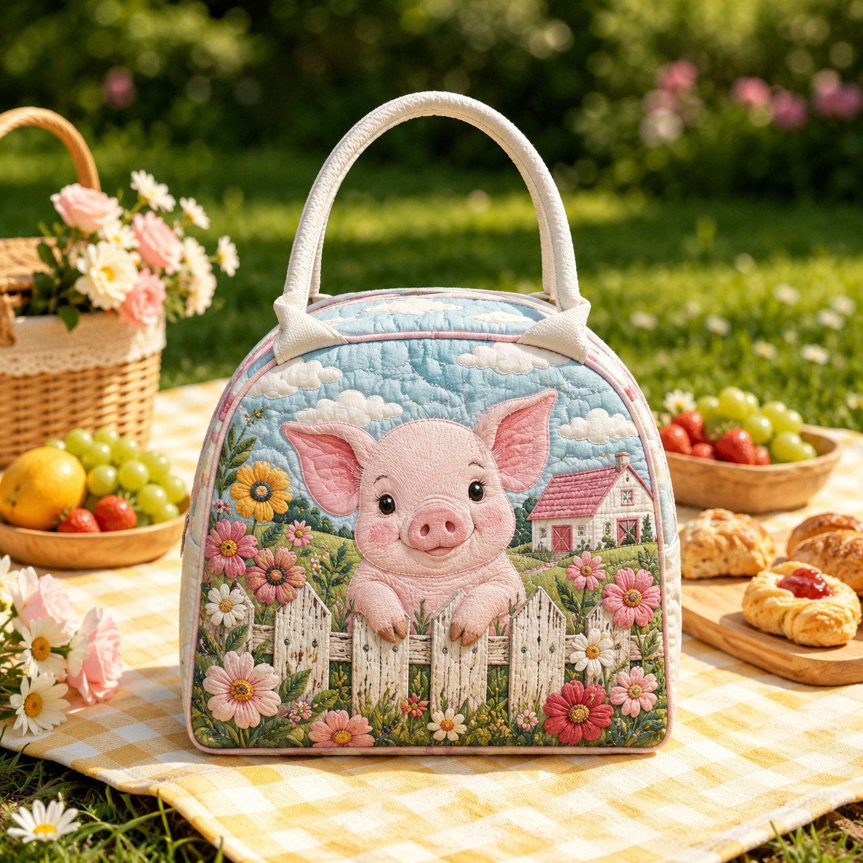 Pink Pig Cottage Garden Quilted Lunch Bag