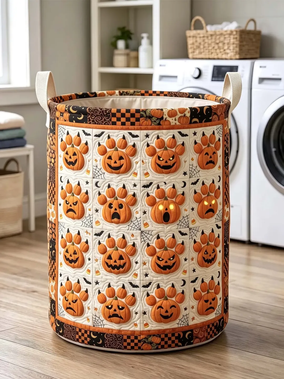 Halloween Pumpkin Paw Print Quilted Laundry Hamper with Handles