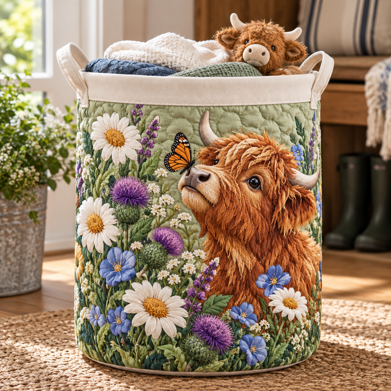 Highland Cow Daisy Meadow Quilted Laundry Basket