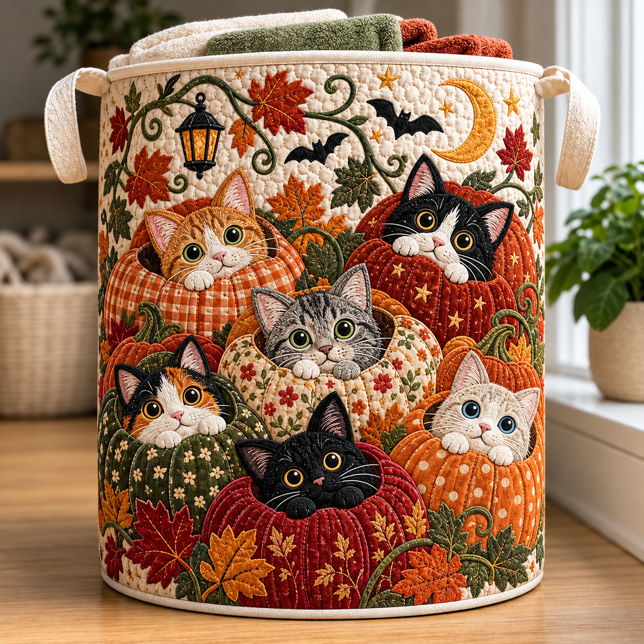 Autumn Pumpkin Cats Quilted Laundry Basket