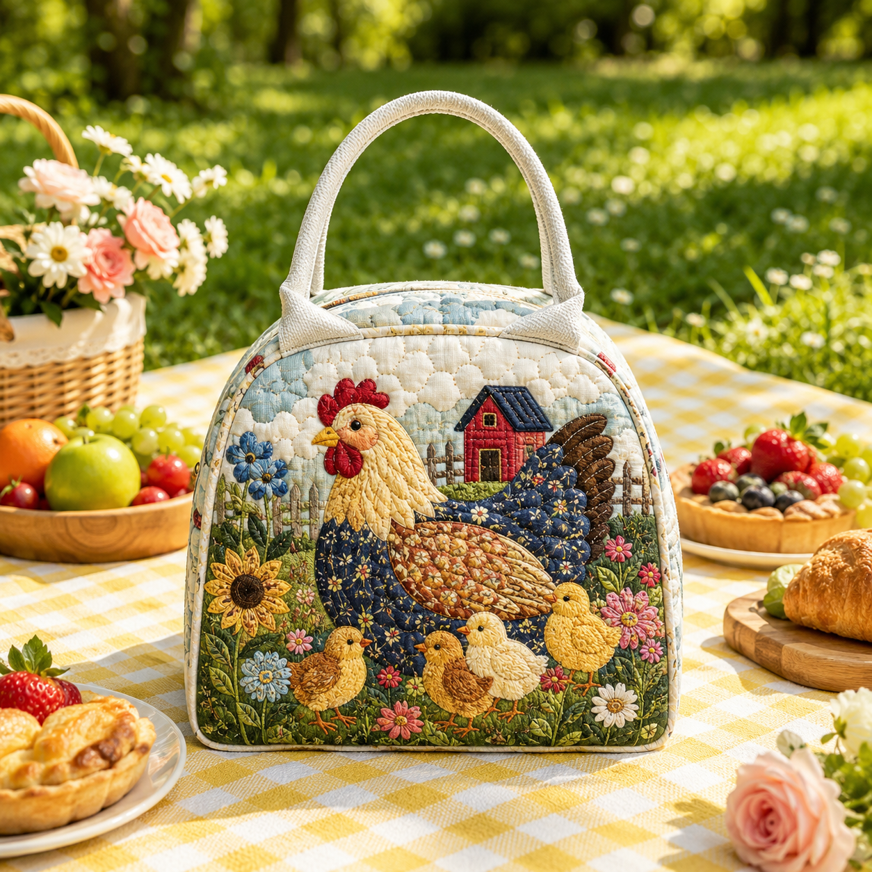 Hen and Chicks Farmyard Quilted Lunch Bag