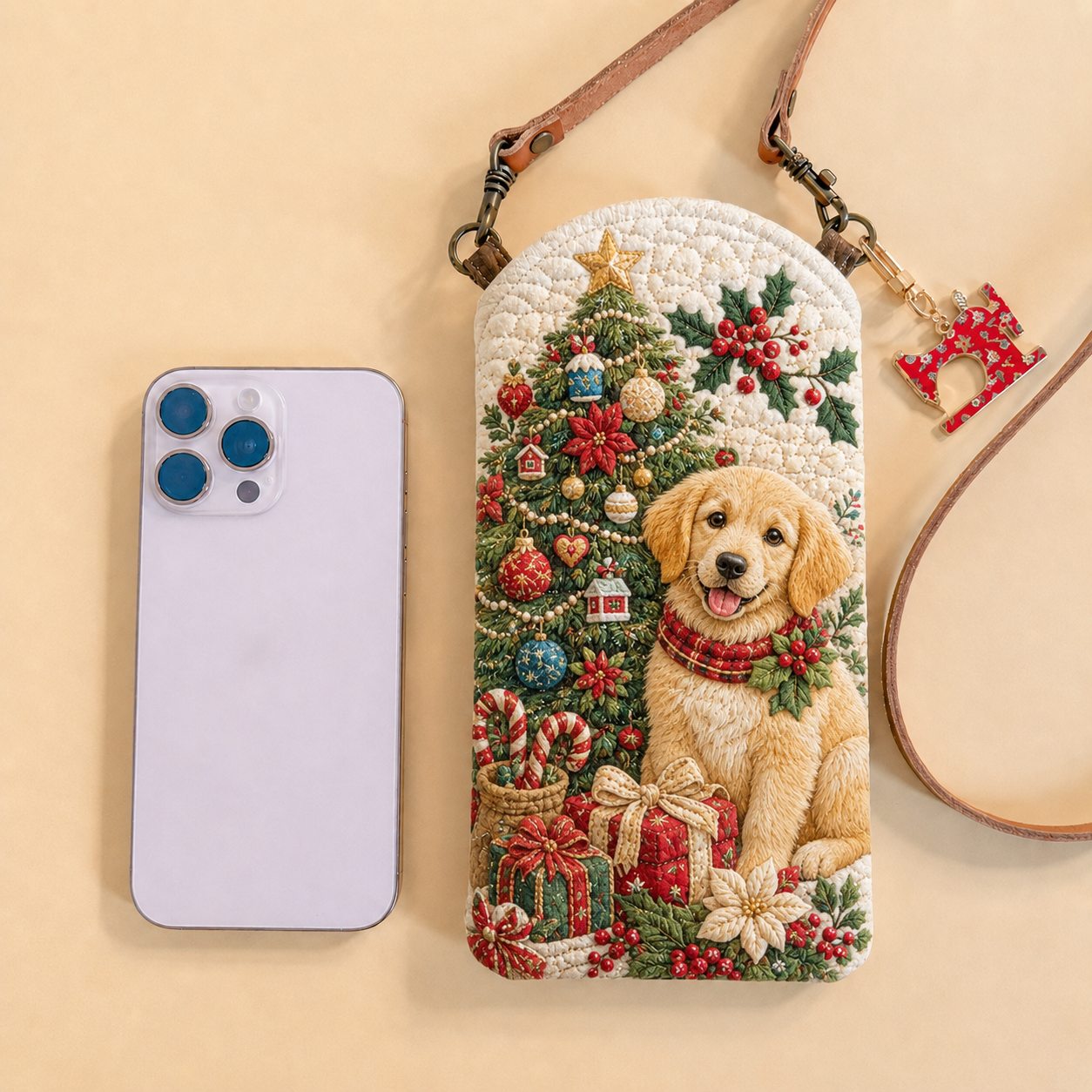 Golden Retriever Christmas Tree Quilted Slim Phone Crossbody Bag