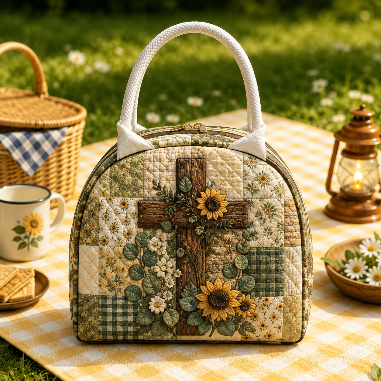 Sunflower Wooden Cross Quilted Lunch Bag
