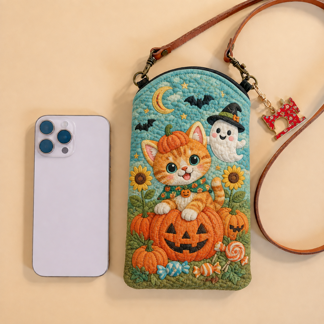 Ginger Cat Ghost Garden Quilted Slim Phone Crossbody Bag