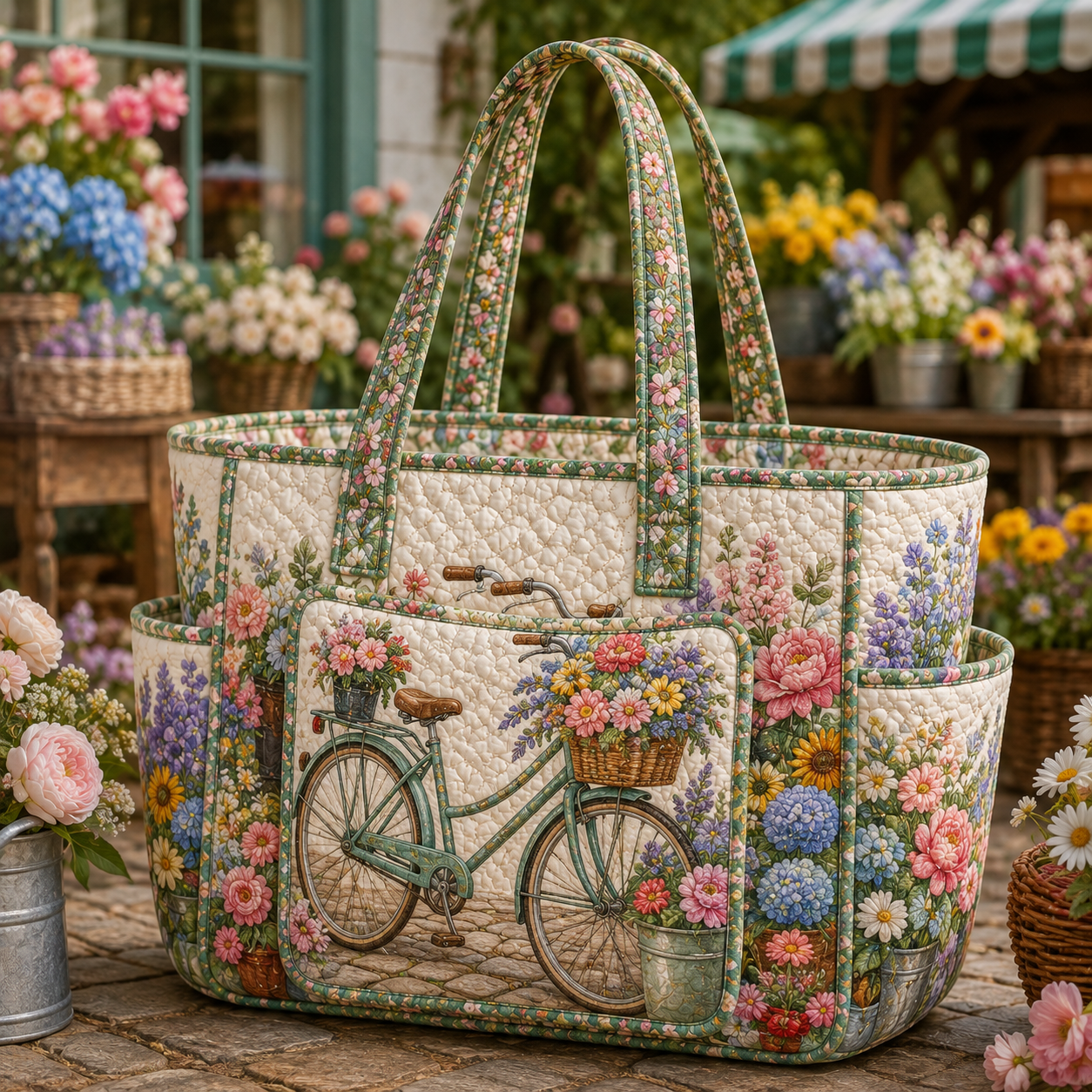 Vintage Bicycle Flower Garden Multiple Pockets Quilted Tote Bag