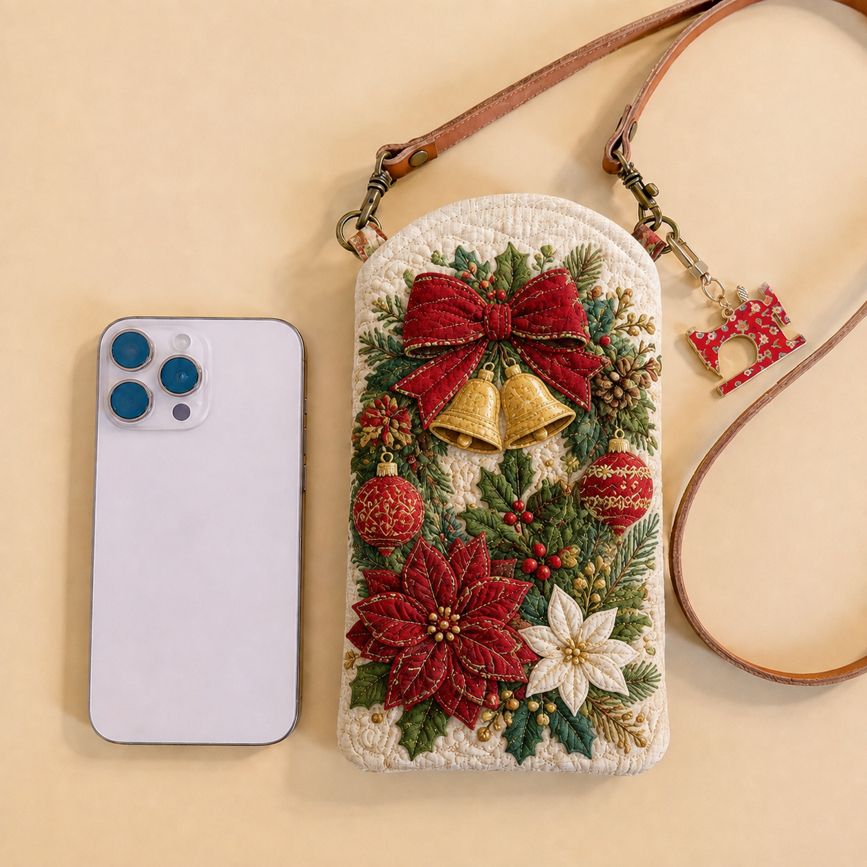 Christmas Wreath & Poinsettia Quilted Slim Phone Crossbody Bag