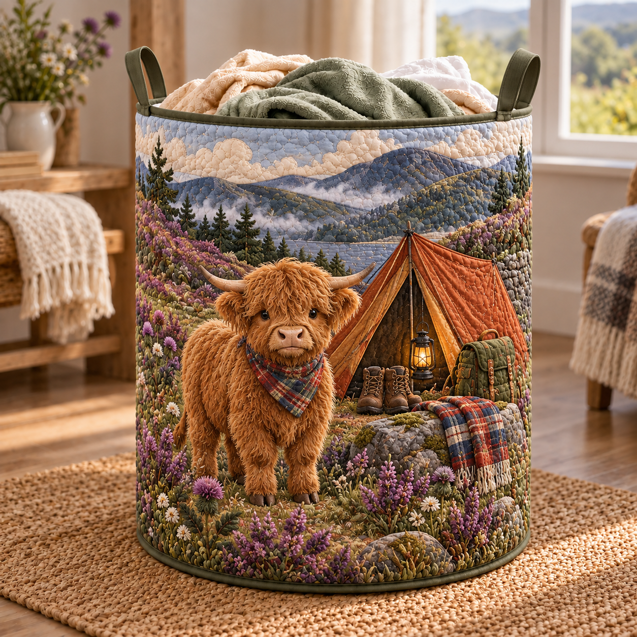 Highland Cow Mountain Camping Quilted Laundry Basket