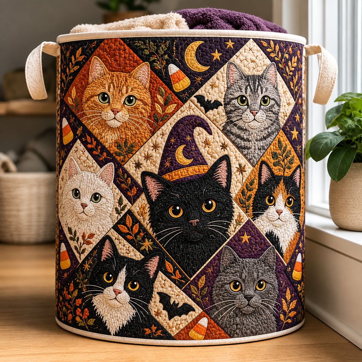 Patchwork Halloween Cats Quilted Laundry Basket