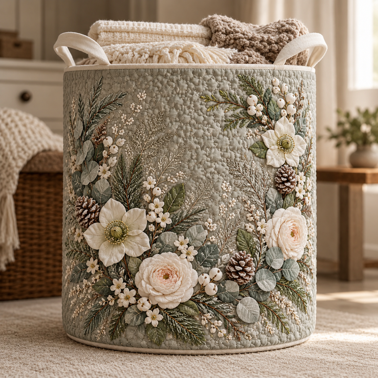 Ivory Winter Botanical Garden Quilted Laundry Basket