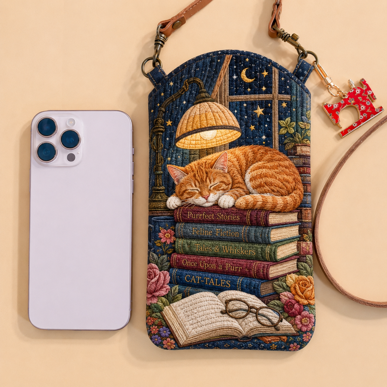 Cozy Sleeping Cat Library Quilted Slim Phone Crossbody Bag