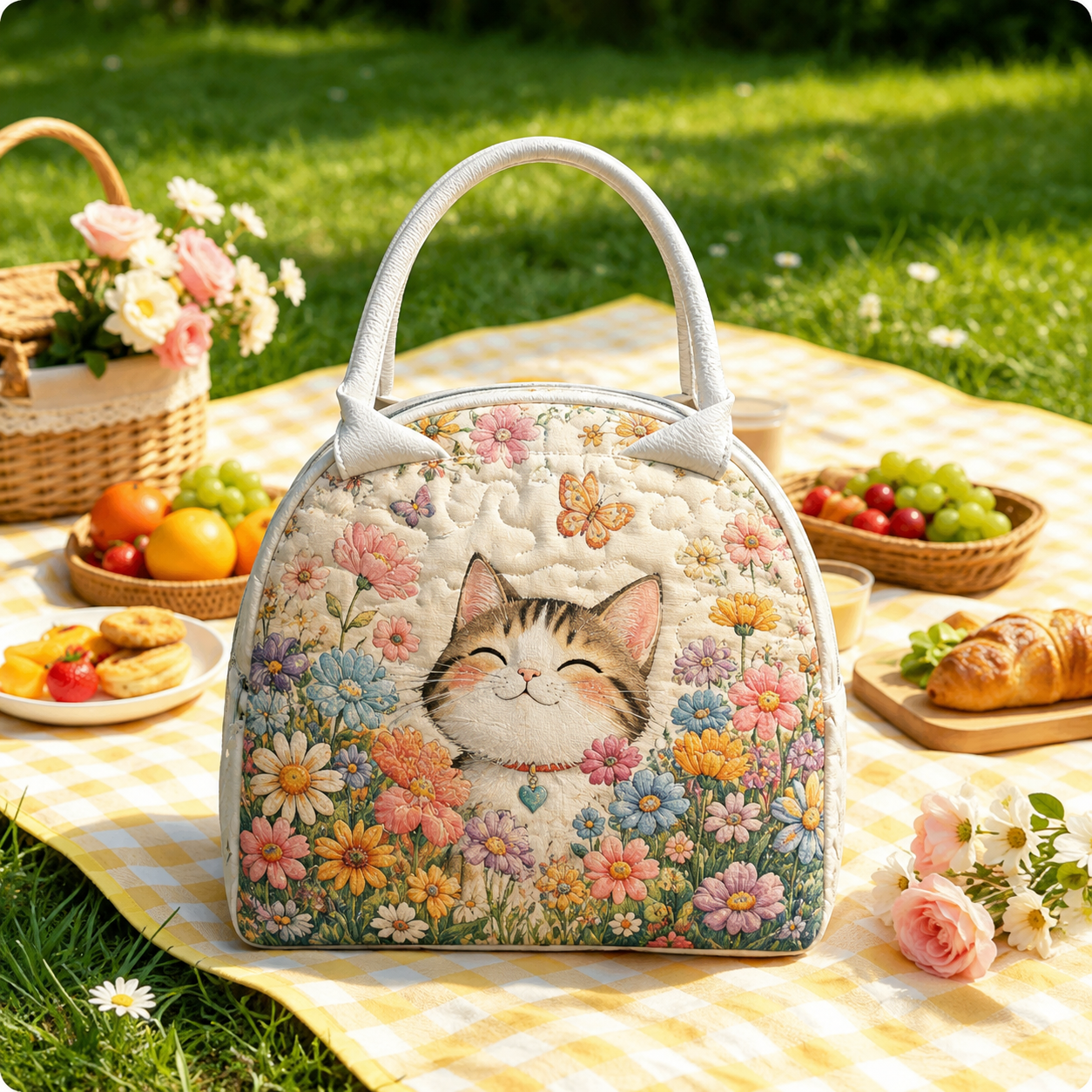 Happy Cat Flower Garden Quilted Lunch Bag