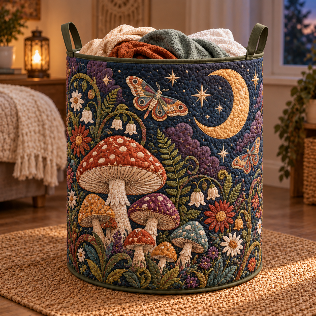 Moonlit Mushroom Garden Quilted Laundry Basket