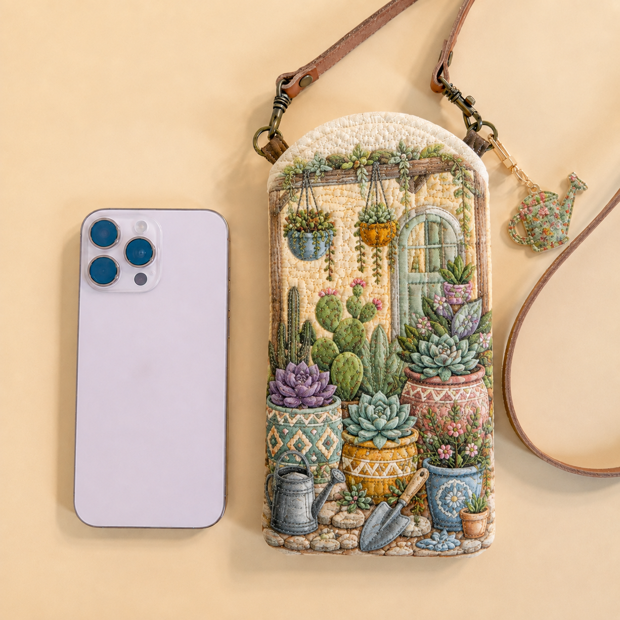 Succulent Cactus Patio Garden Quilted Slim Phone Crossbody Bag