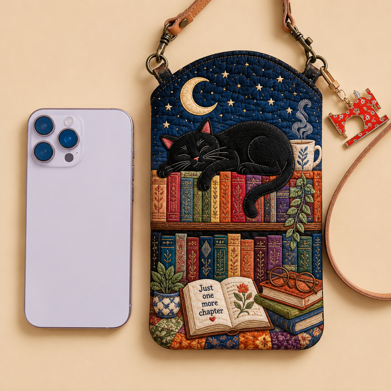 Moonlit Black Cat Bookshelf Quilted Slim Phone Crossbody Bag