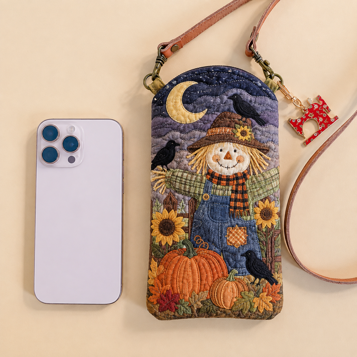 Scarecrow Harvest Night Quilted Slim Phone Crossbody Bag