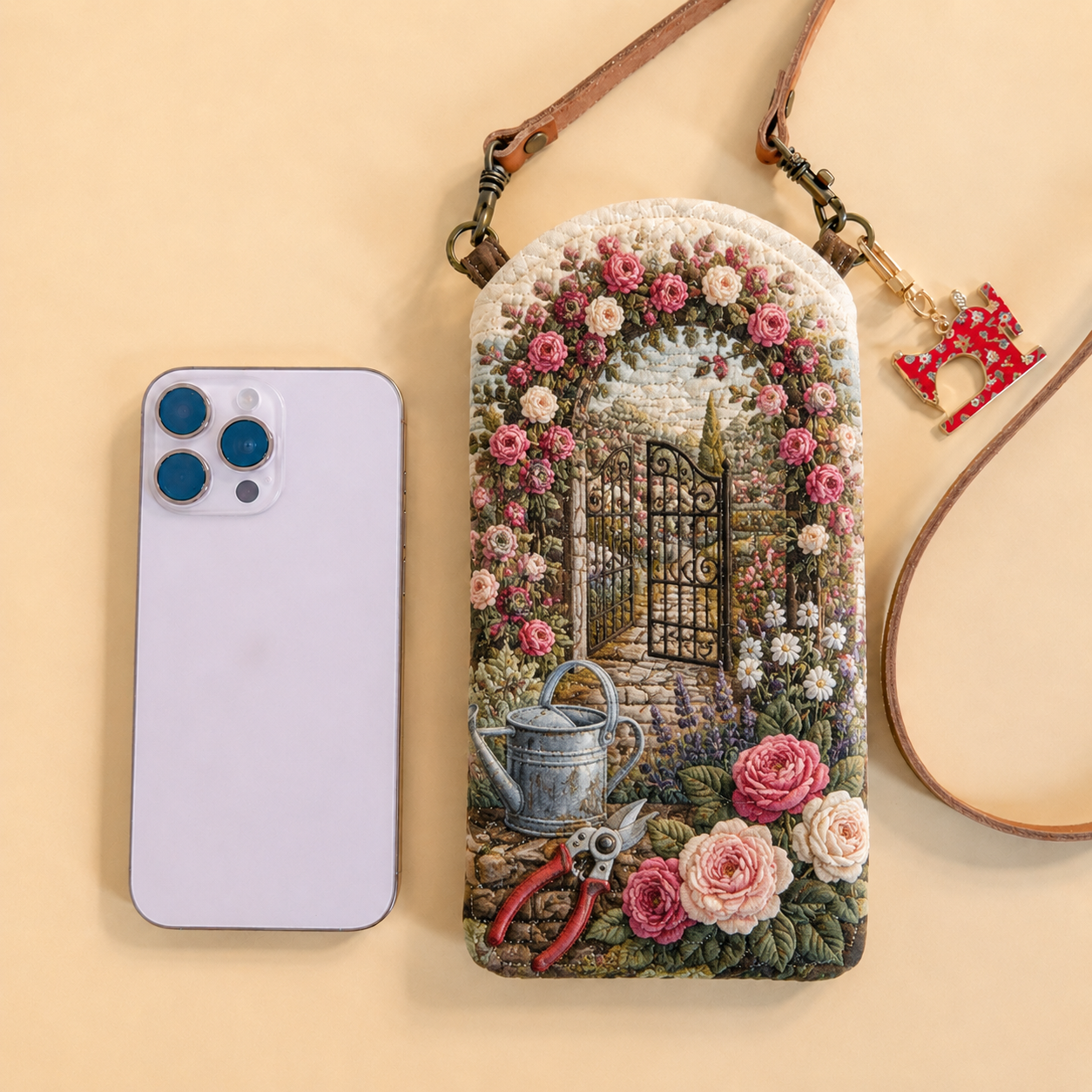Rose Arbor Garden Gate Quilted Slim Phone Crossbody Bag