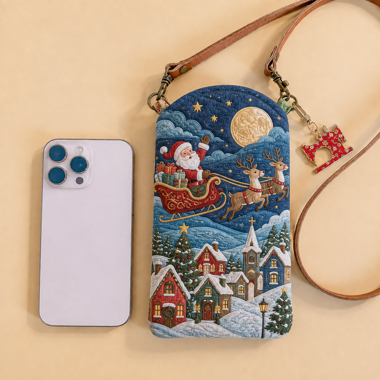 Santa Sleigh Christmas Village Quilted Slim Phone Crossbody Bag
