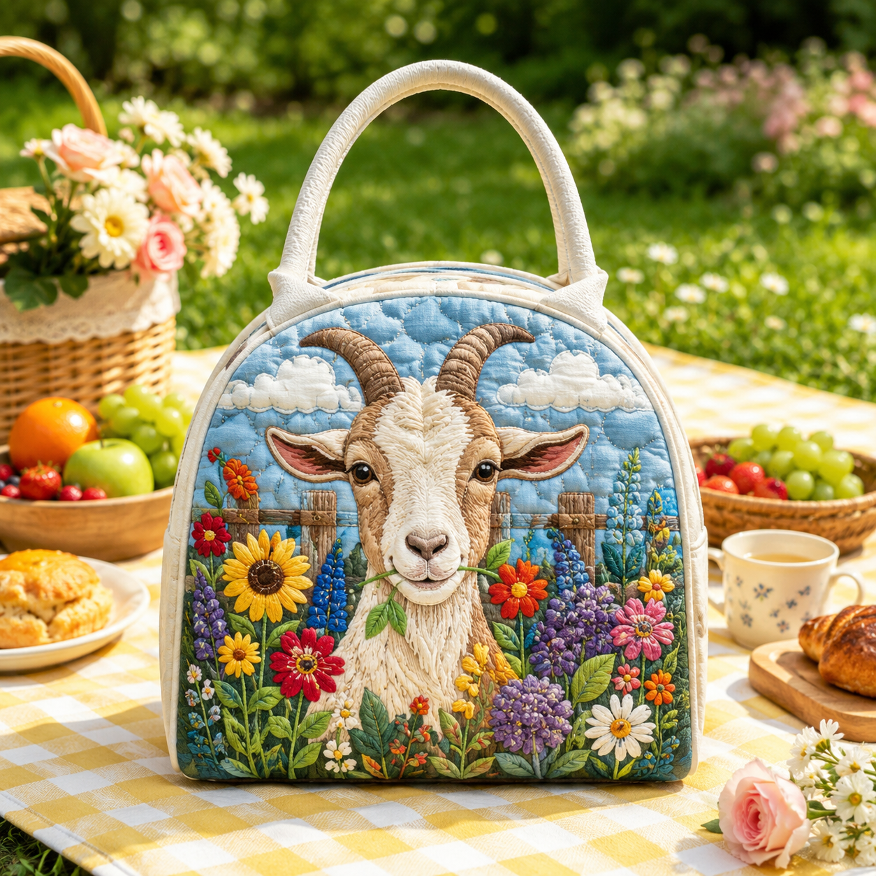 Floral Garden Goat Quilted Lunch Bag