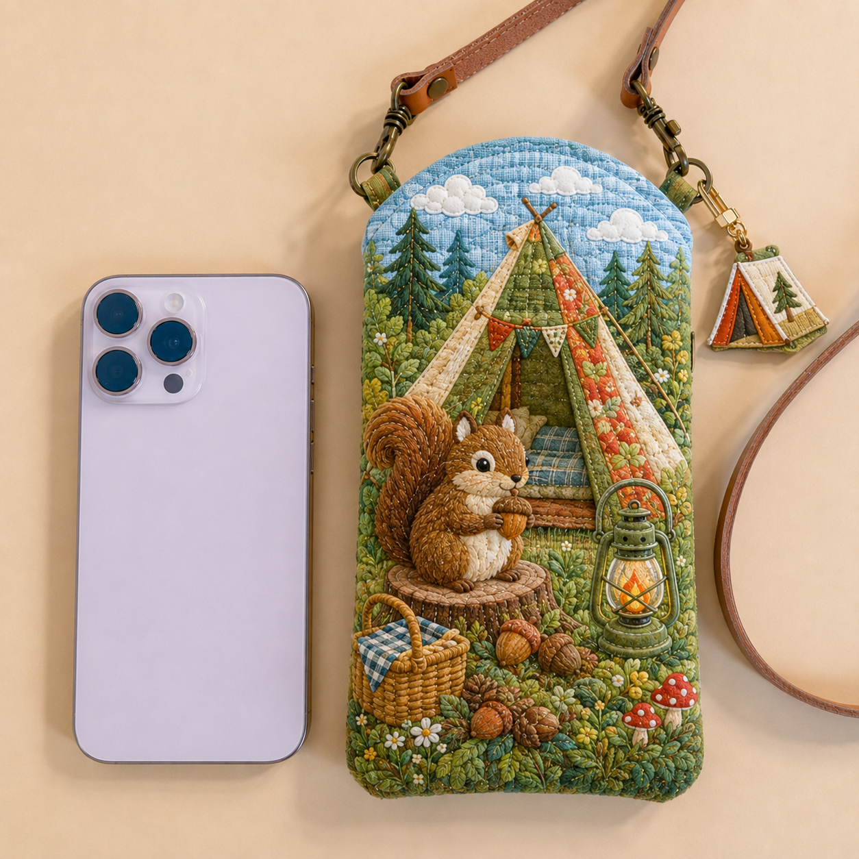 Woodland Squirrel Camp Quilted Slim Phone Crossbody Bag