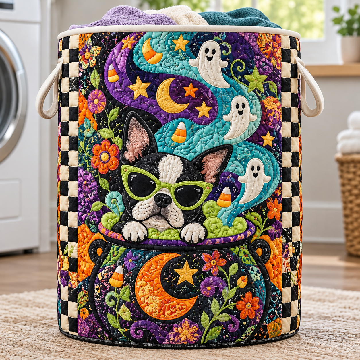 Neon Puppy Ghost Party Quilted Laundry Basket