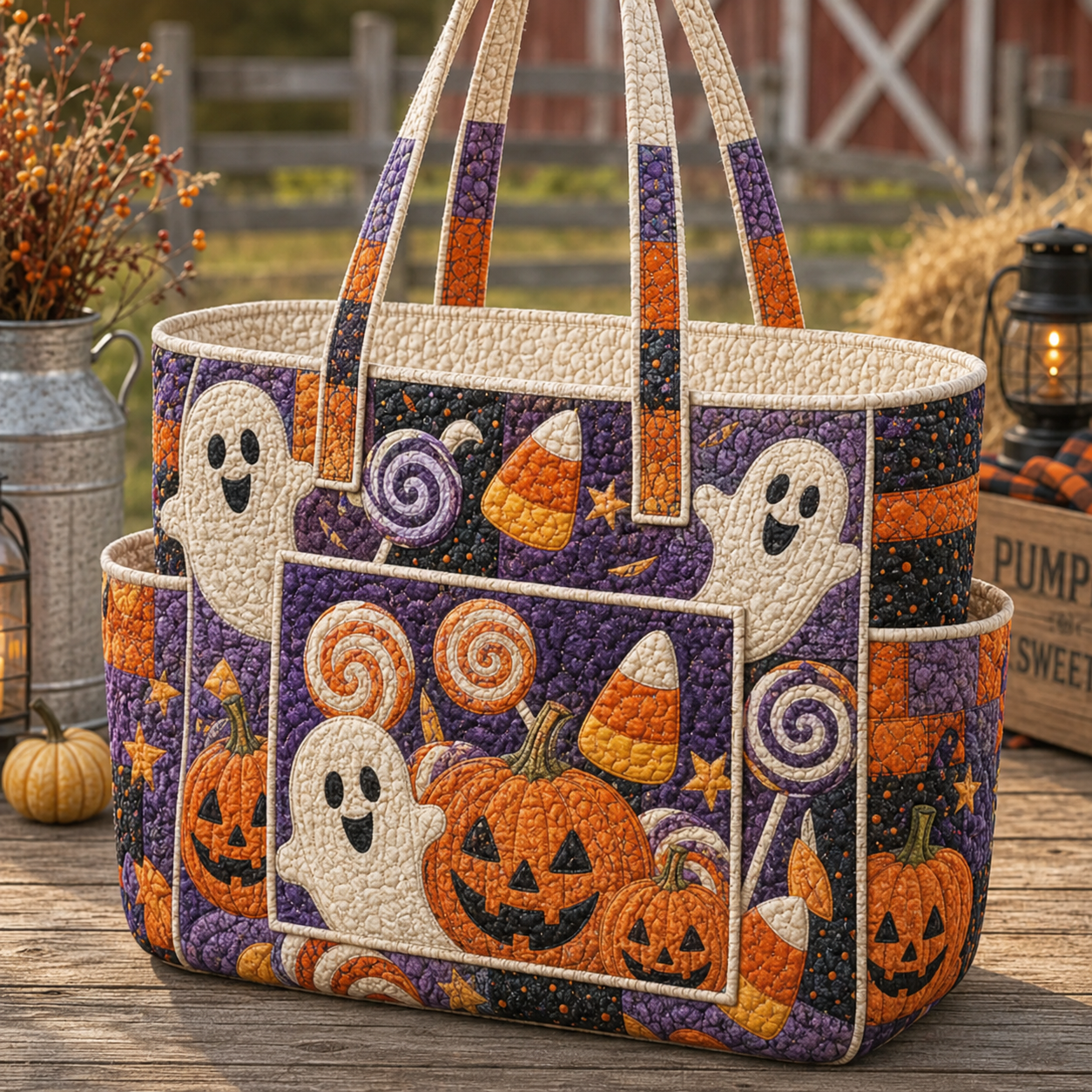Ghost Candy Pumpkin Multiple Pockets Quilted Tote Bag