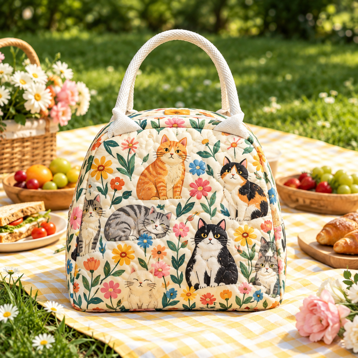 Colorful Cats Floral Quilted Lunch Bag