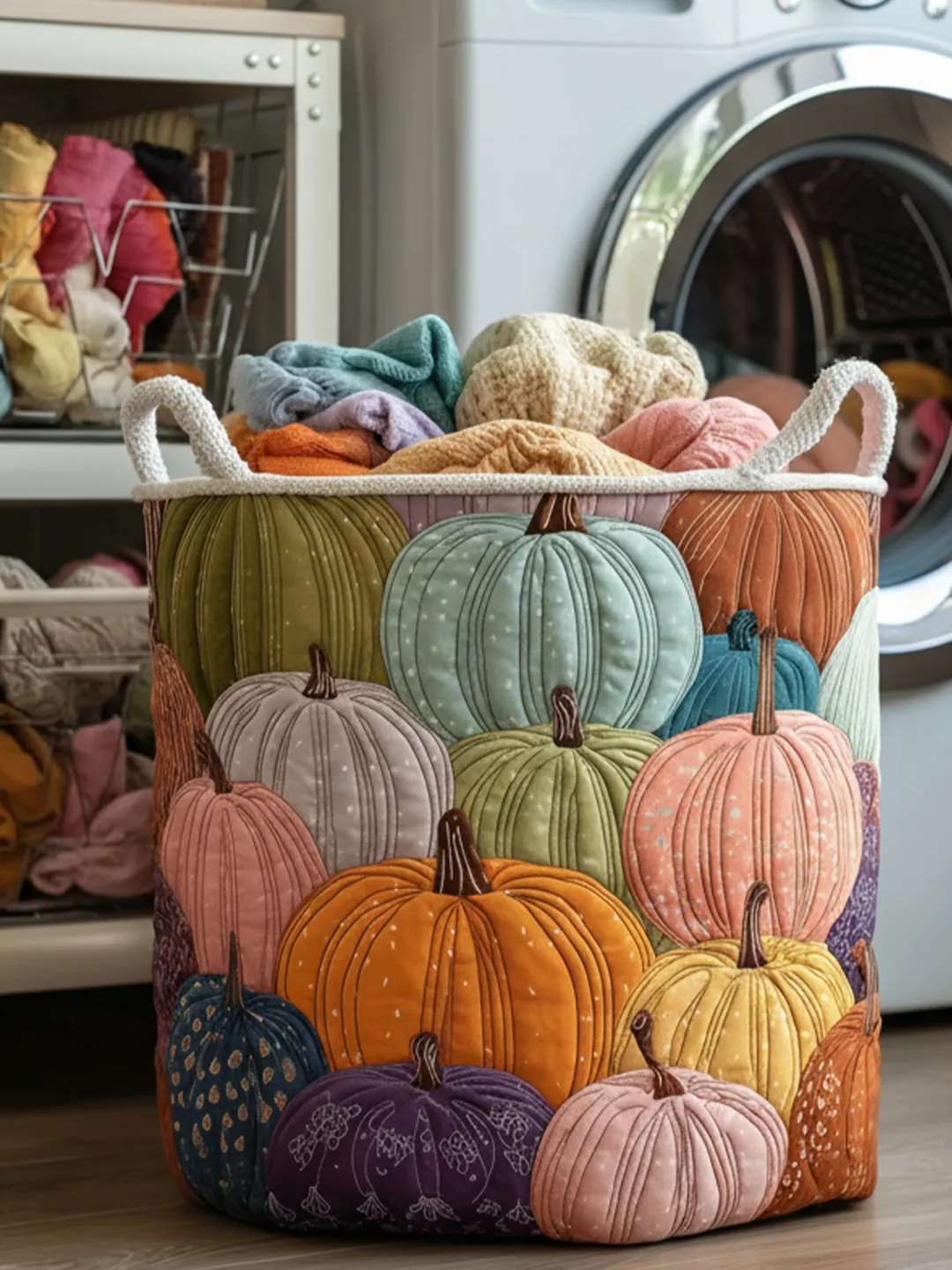 Pastel Pumpkin Patch Quilted Laundry Hamper with Handles – Fall Storage Basket