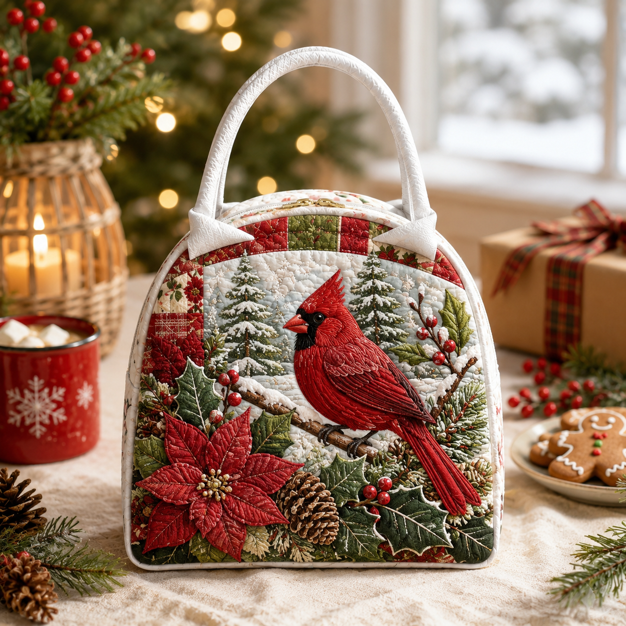 Winter Cardinal Quilted Lunch Bag