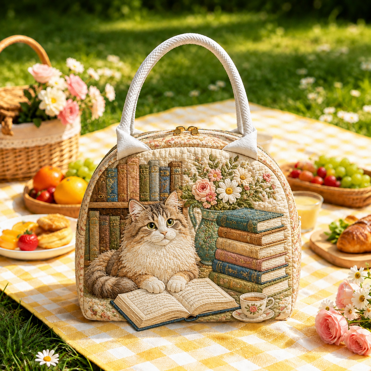 Cozy Cat Reading Quilted Lunch Bag