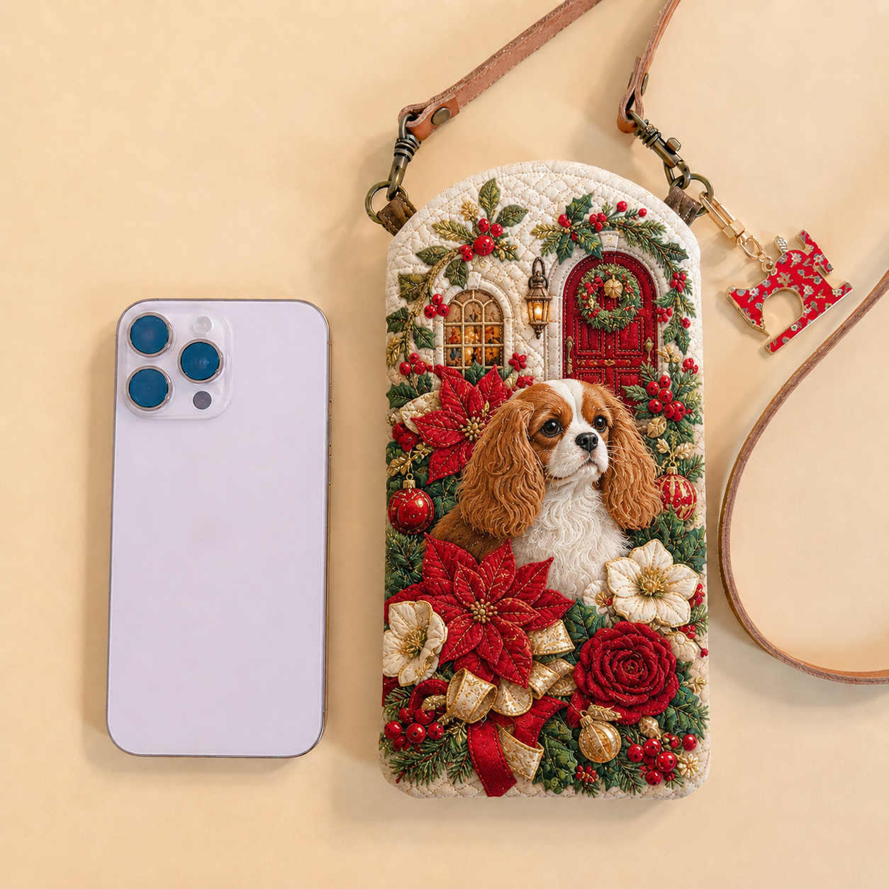 Cavalier Christmas Poinsettia Quilted Slim Phone Crossbody Bag