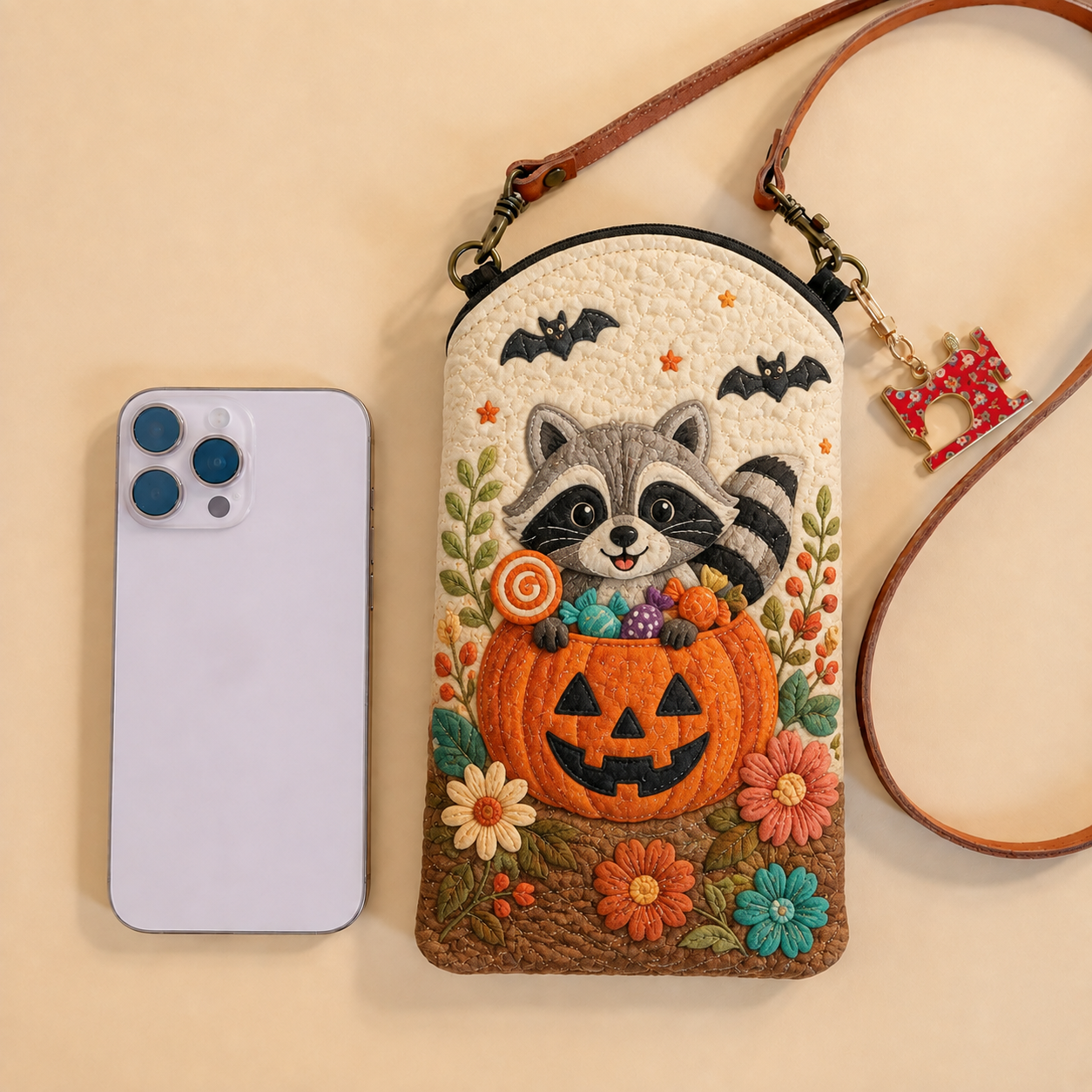 Raccoon Candy Pumpkin Quilted Slim Phone Crossbody Bag