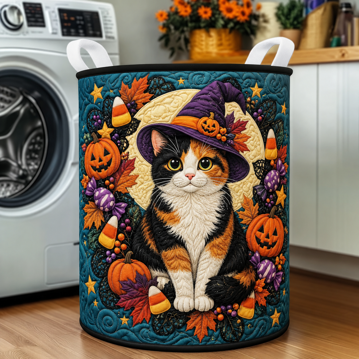 Calico Witch Cat Halloween Quilted Laundry Basket