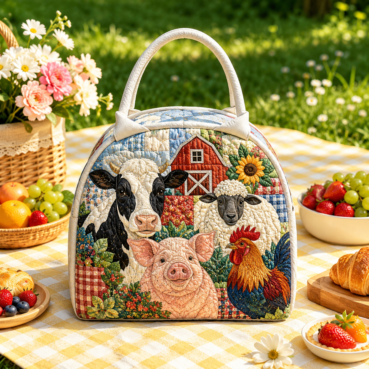 Patchwork Farm Animals Quilted Lunch Bag