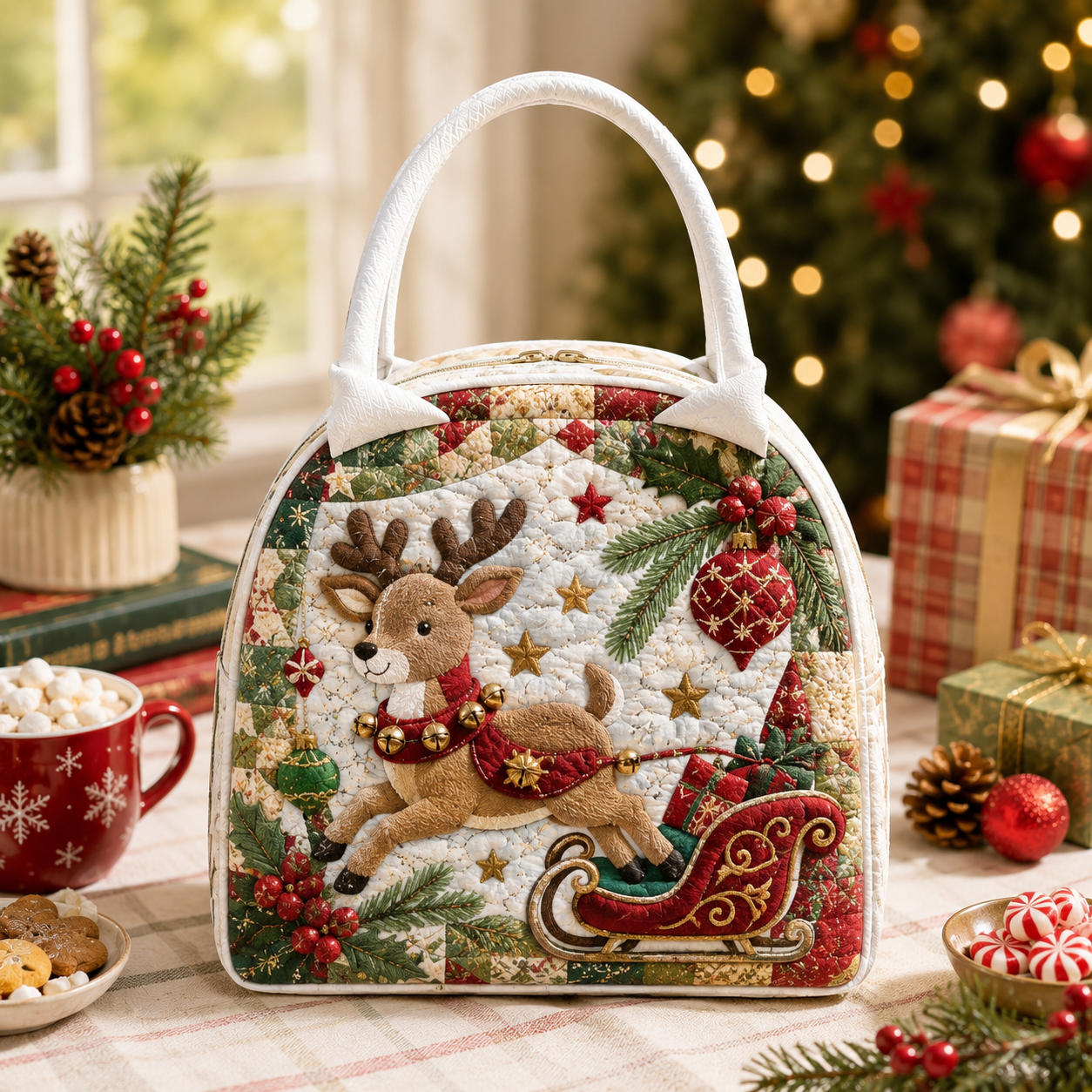 Jolly Reindeer Sleigh Quilted Lunch Bag