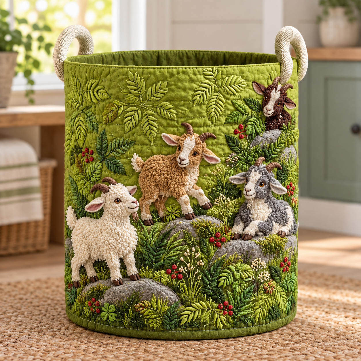 Goat & Sheep Woodland Meadow Quilted Laundry Basket