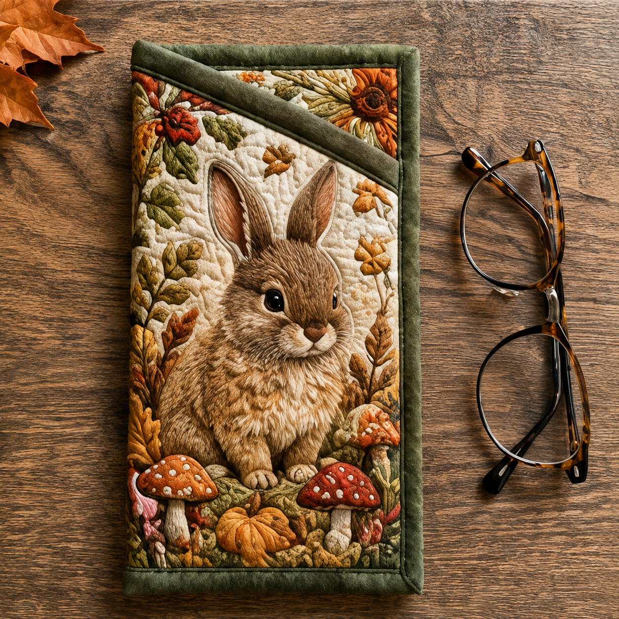 Autumn Bunny & Mushroom Quilted Eyeglass Case