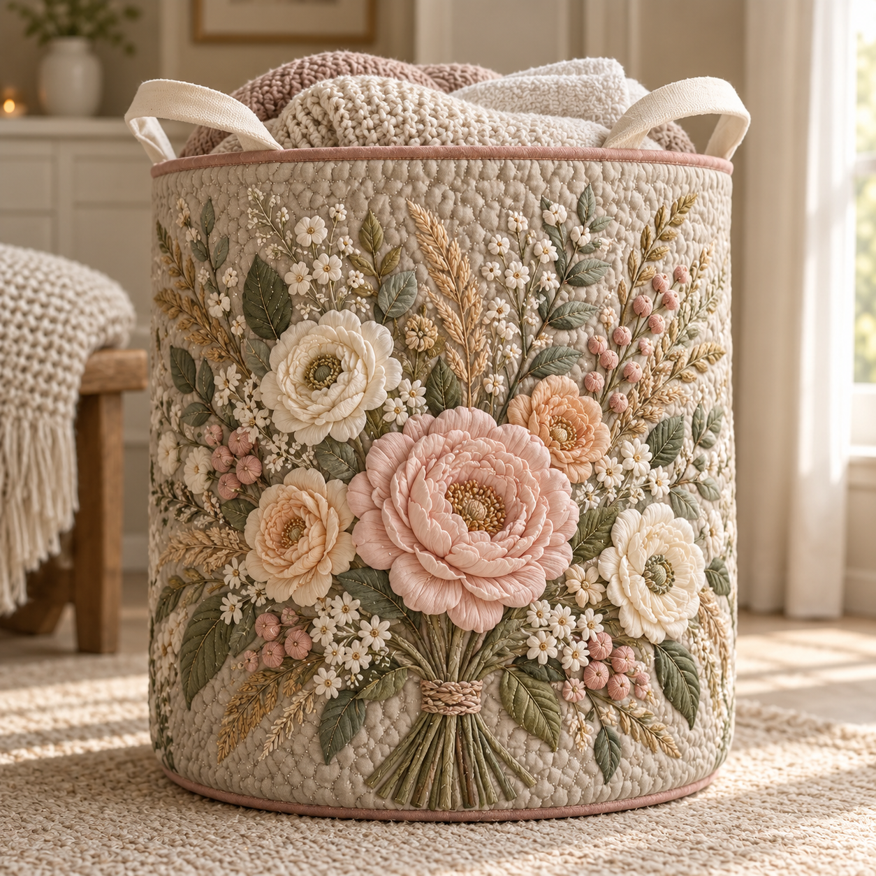 Blush Rose Floral Bouquet Quilted Laundry Basket