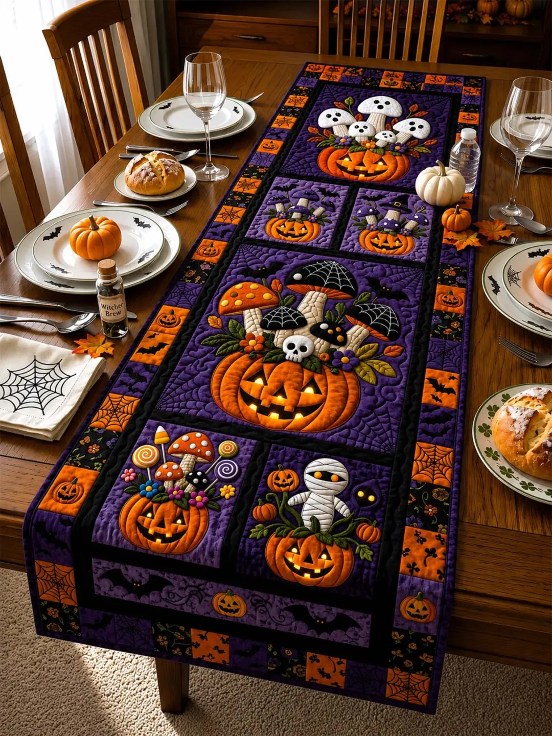 Halloween Pumpkin and Spooky Mushroom Quilted Table Runner – Purple Dining Table Decor