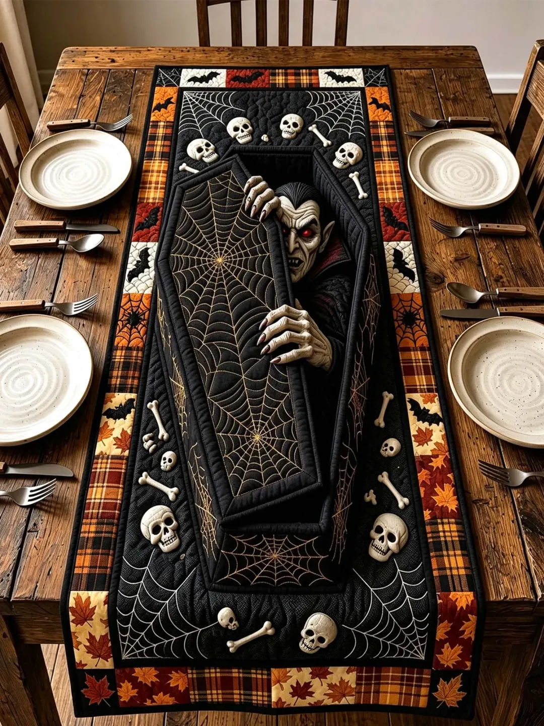 Gothic Vampire Coffin Quilted Table Runner – Spooky Halloween Dining Decor