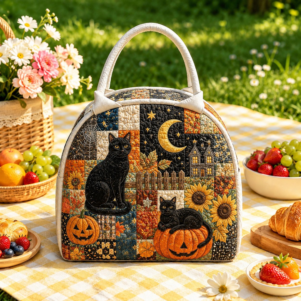 Black Cat Harvest Night Quilted Lunch Bag