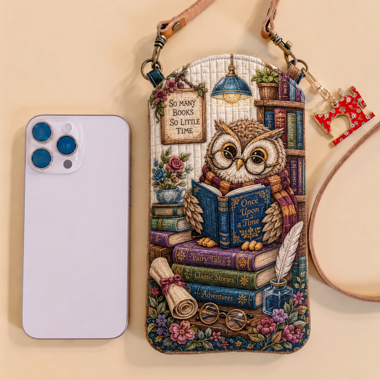 Storybook Owl Reading Nook Quilted Slim Phone Crossbody Bag