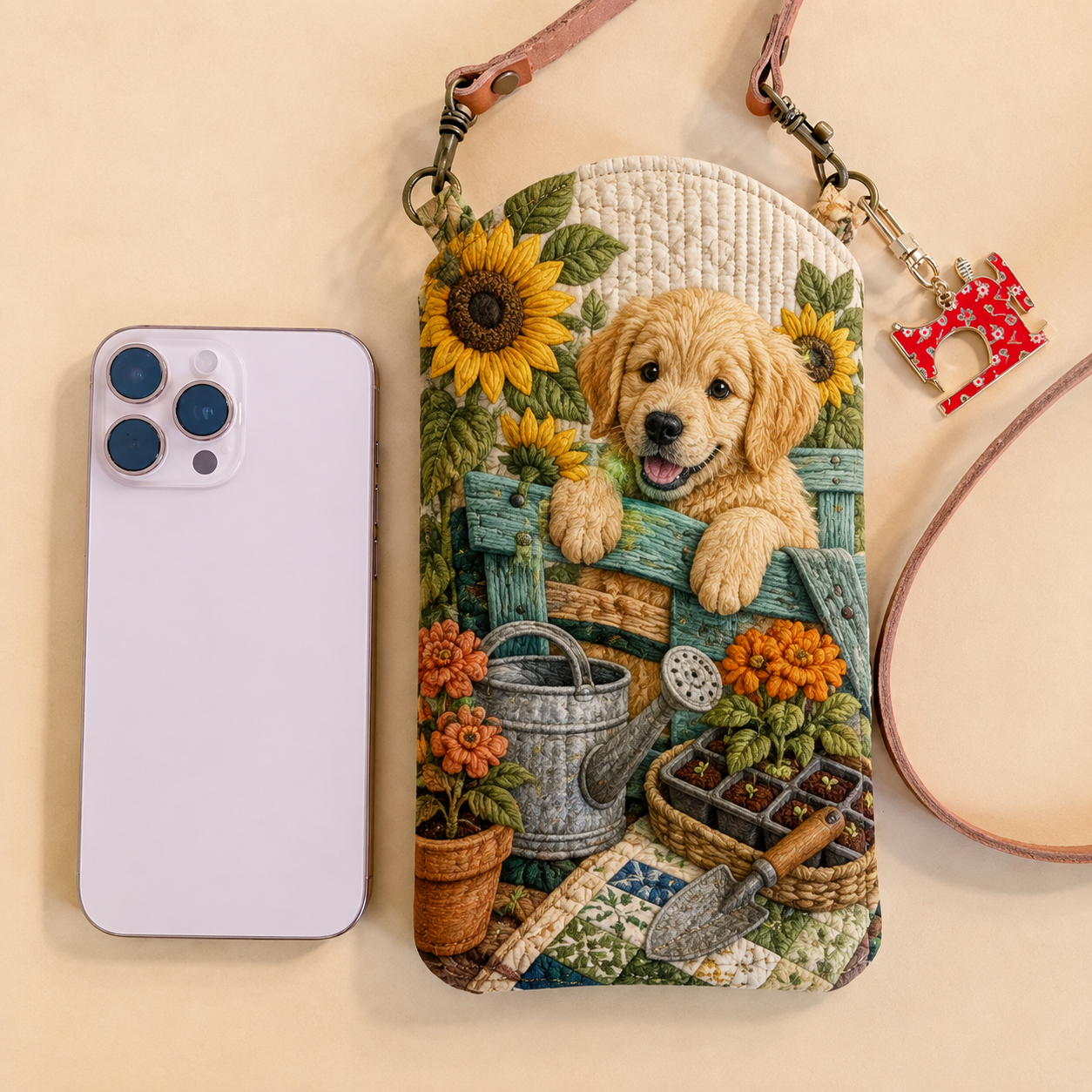 Sunflower Puppy Garden Quilted Slim Phone Crossbody Bag