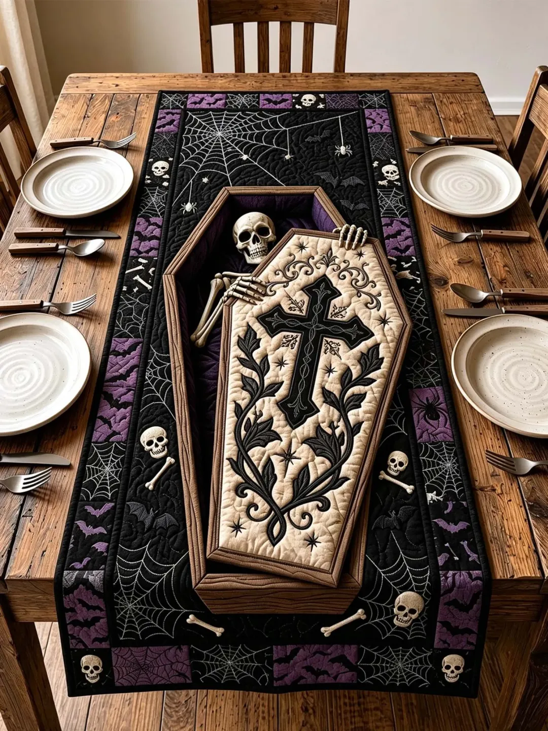 Skeleton Coffin & Cross Quilted Table Runner – Gothic Halloween Dining Decor