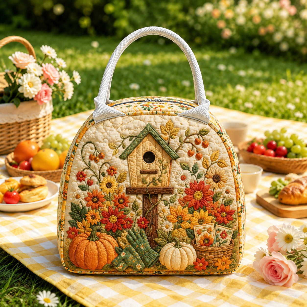 Autumn Birdhouse Garden Quilted Lunch Bag