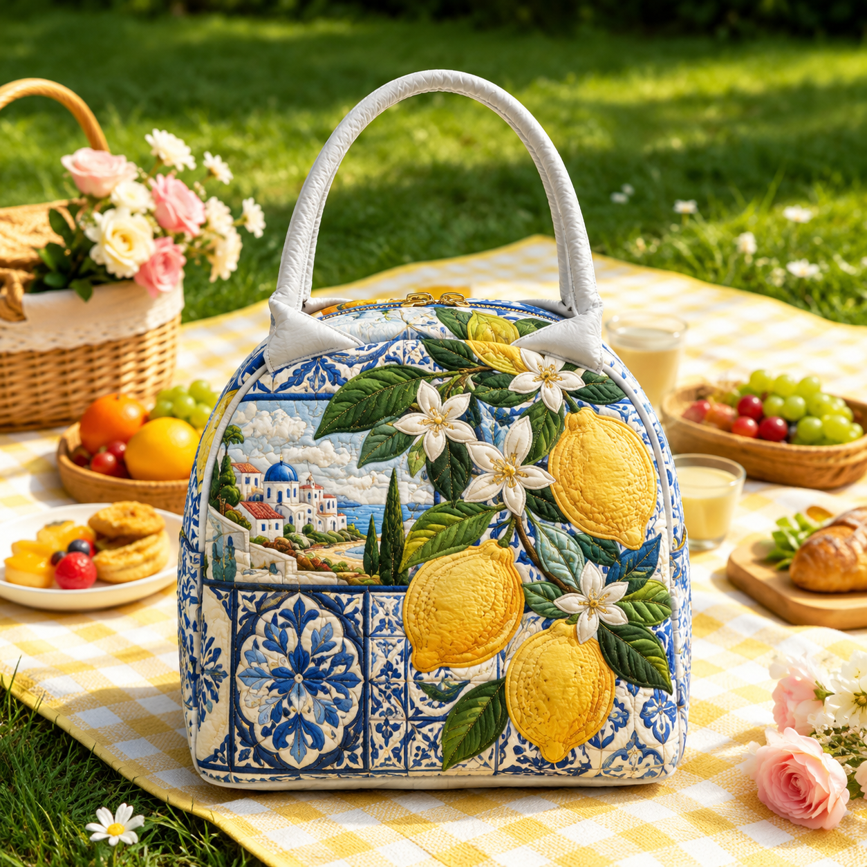 Mediterranean Lemon Blossom Quilted Lunch Bag
