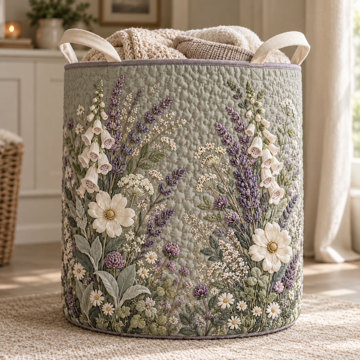 Lavender Wildflower Meadow Quilted Laundry Basket