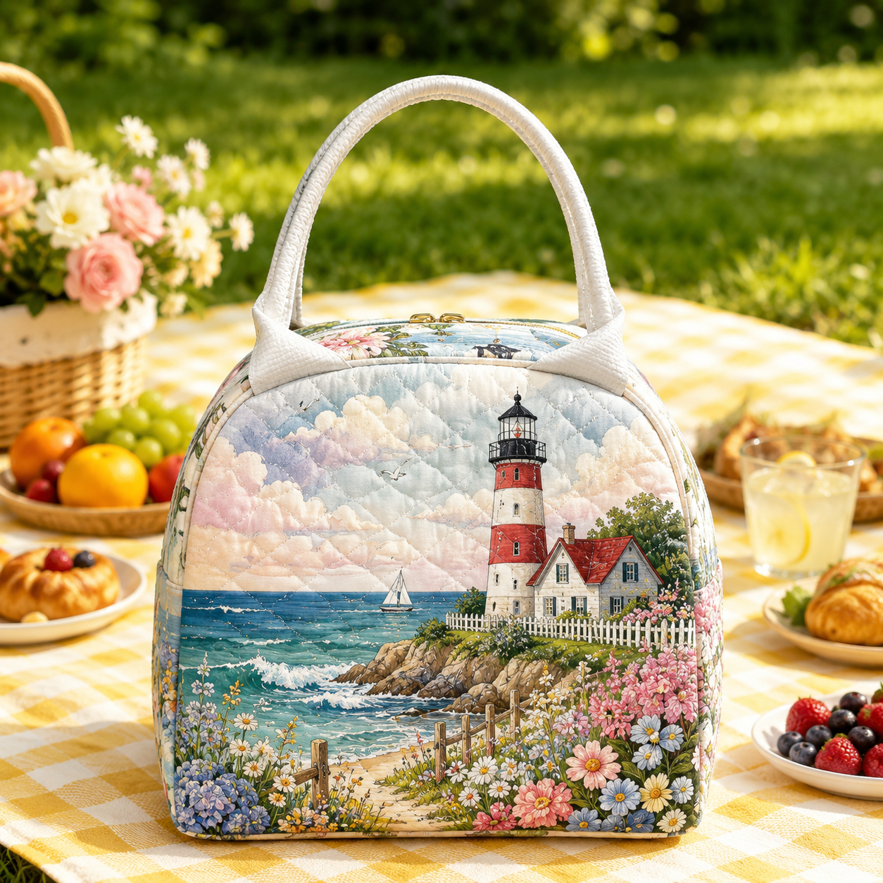 Coastal Lighthouse Floral Quilted Lunch Bag